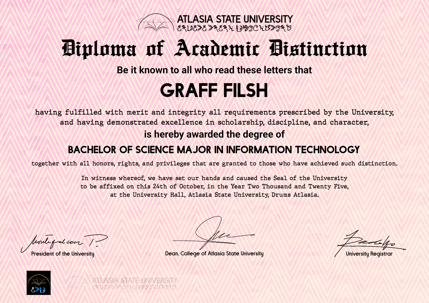Atlasia State University Diploma